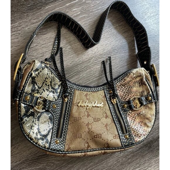 Vintage Baby Phat Snake Skin Shoulder Hand Bag Gold Black White Stones NWT RARE - Picture 10 of 16